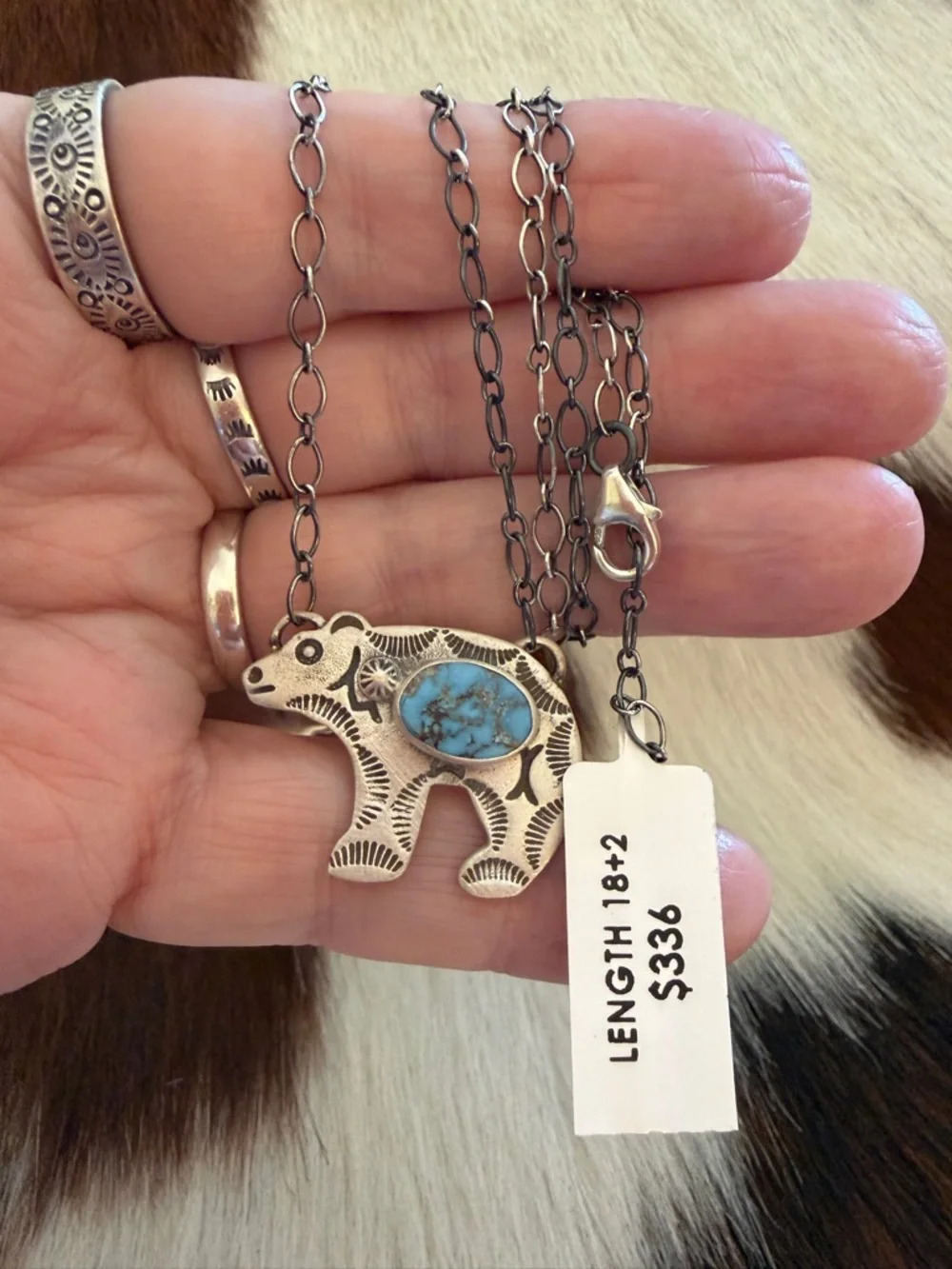❤️ Golden Hills Turquoise Hand Stamped Statement Bear Necklace 925 Matte 18+2”